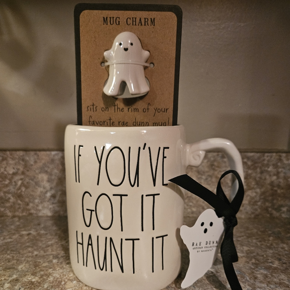 Rae Dunn White Halloween Mug with Ghost Charm